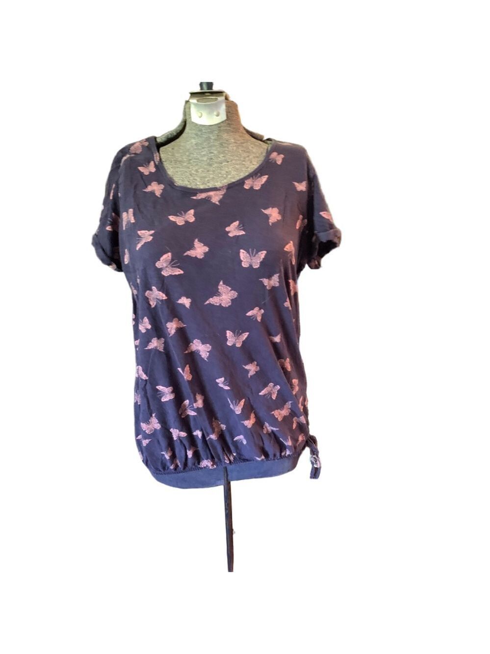 Women's George T-Shirt Size L Navy Butterfly Print